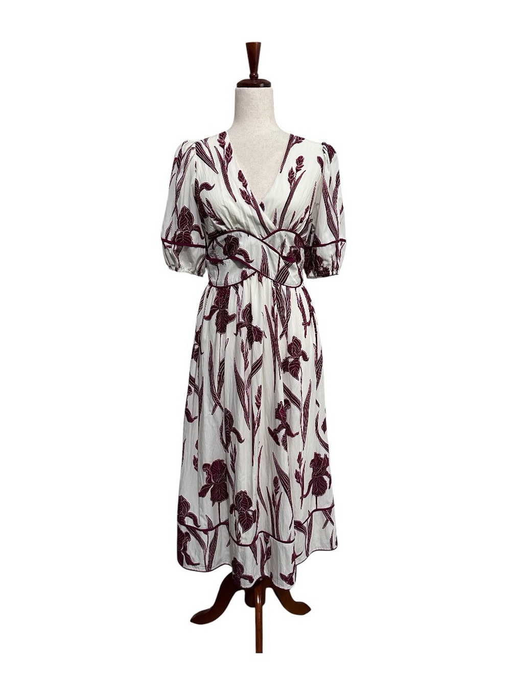 TCEC FLORAL PRINT PUFF SLEEVE MIDI DRESS in CREAM and BURGUNDY